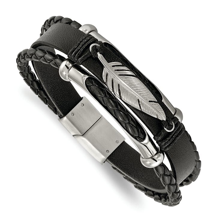Black Leather and Stainless Steel Polished Feather Multi-Strand
8.25-inch Bracelet