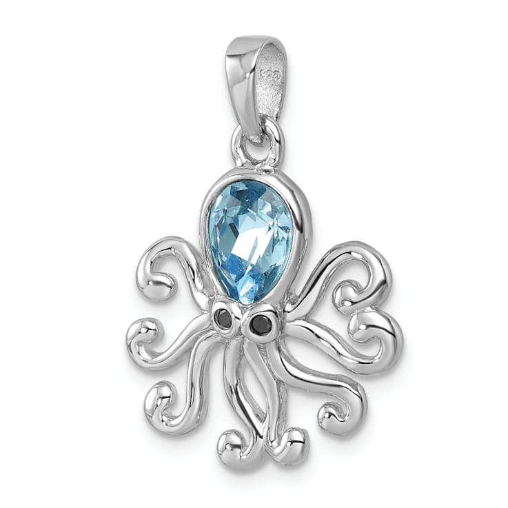 Rhodium Over Sterling Silver Polished Crystal Octopus Pendant
