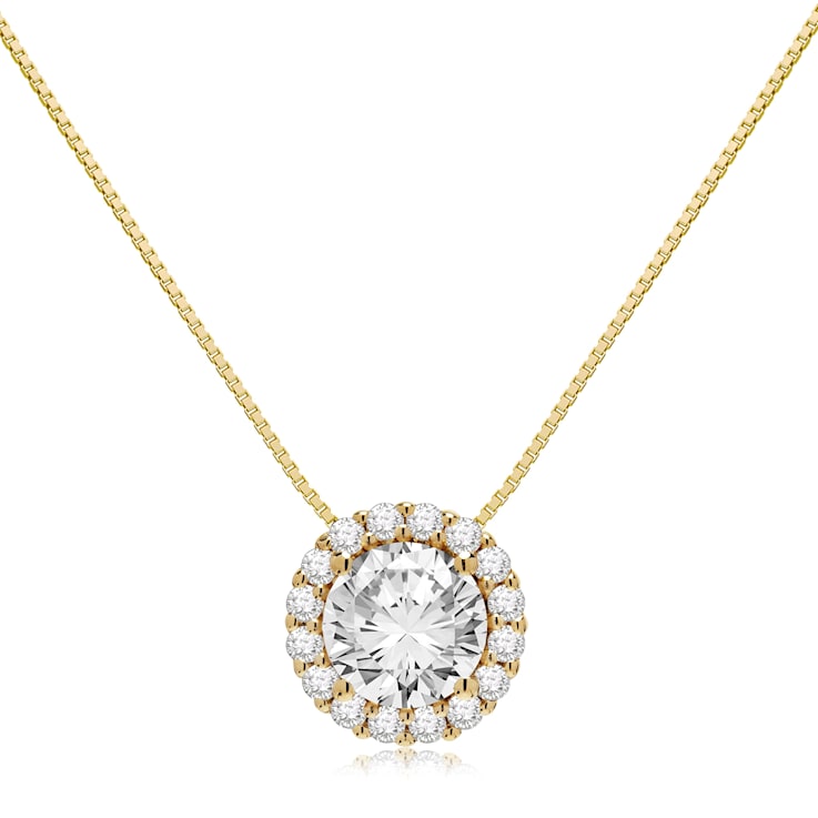 14K Yellow Gold Necklace Round HaloCubic Zirconia Solitaire1.25CTW 16
Inch .60mm Box Link Chain