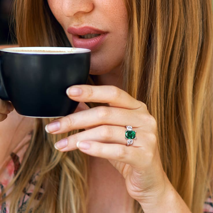 Lab Created Emerald and Lab Created White Sapphire 10k White Gold Ring 4.02ctw