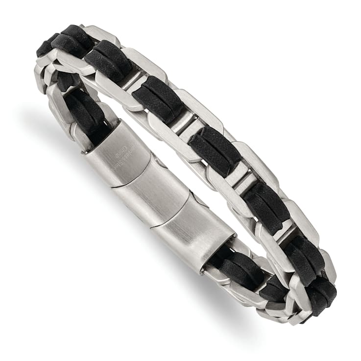 Black Leather and Stainless Steel Brushed 7.75-inch with 0.5-inch
Extension Bracelet