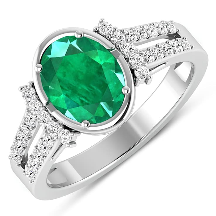 1.83ctw Green Emerald and Diamond 14K White Gold Halo Ring