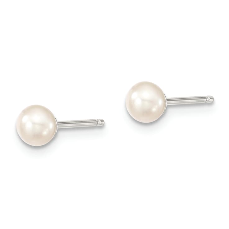 Rhodium Over Sterling Silver 4-5mm White Button FWC Pearl Post Earrings