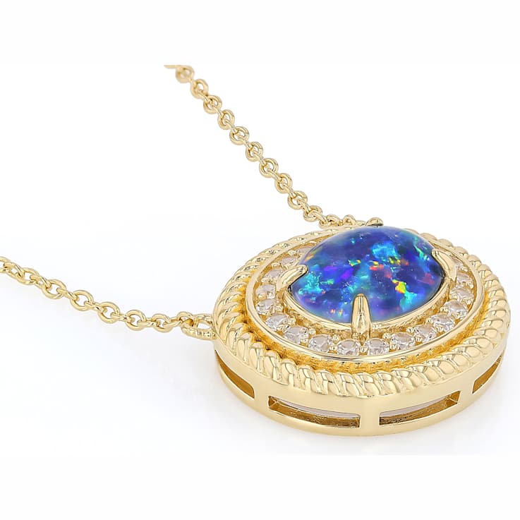 Opal Triplet And Zircon Halo Necklace In 18K Gold Over Sterling Silver 0.41ctw