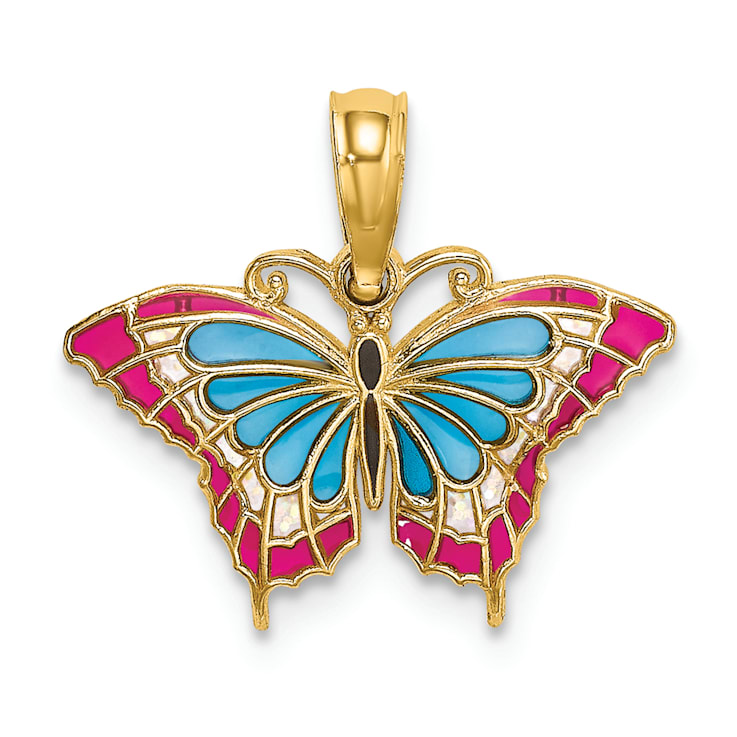 14k Yellow Gold Small Enameled Blue and Red Butterfly Pendant