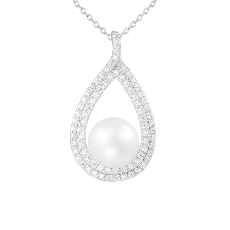 7-11mm Button White Freshwater Pearl and CZ Rhodium Over Sterling
Earring and Pendant W/Chain Set