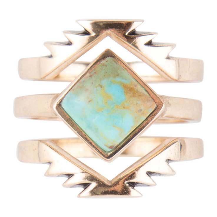 Barse Jewelry Blue Turquoise Gold Tone Aztec Ring Set of 3