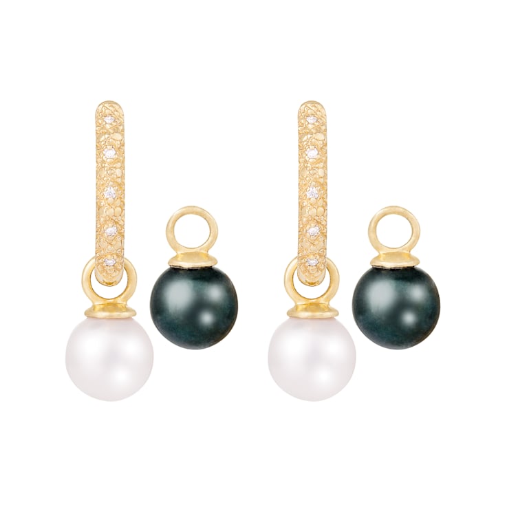 White and Black Cultured Akoya Pearl 14k Yellow Gold Earrings 7-7.5mm