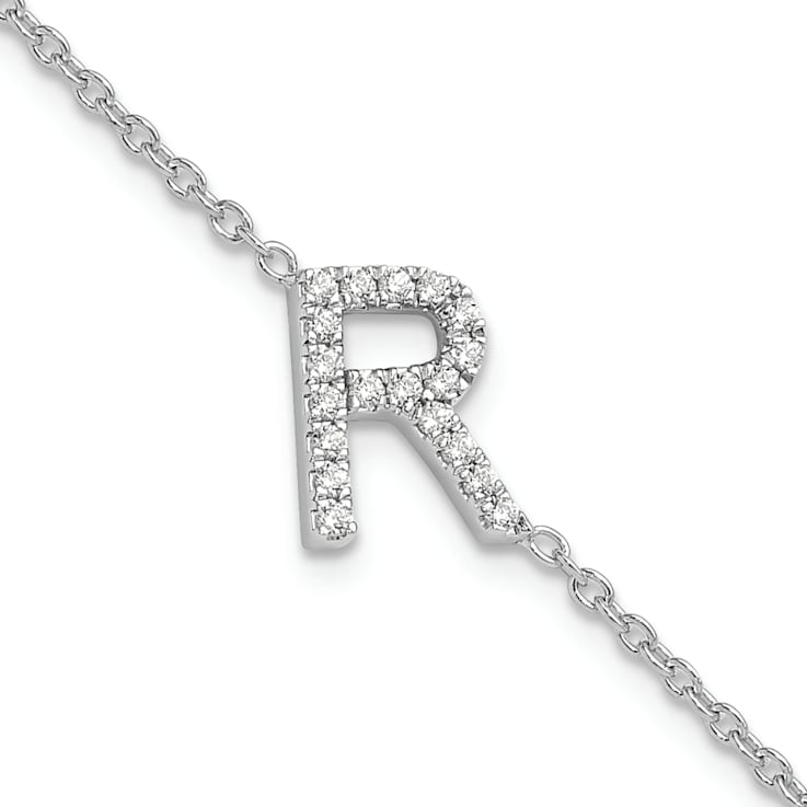 Rhodium Over 14k White Gold Diamond Sideways Letter R Bracelet