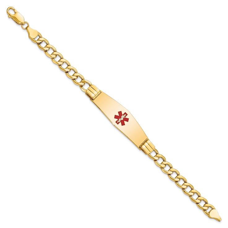 14k Yellow Gold Medical Soft Diamond Shape Red Enamel Curb Link ID Bracelet