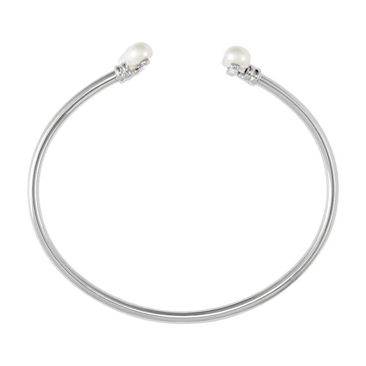 5.5-6mm Button White Freshwater Pearl Sterling Silver Bar Design Cuff Bracelet