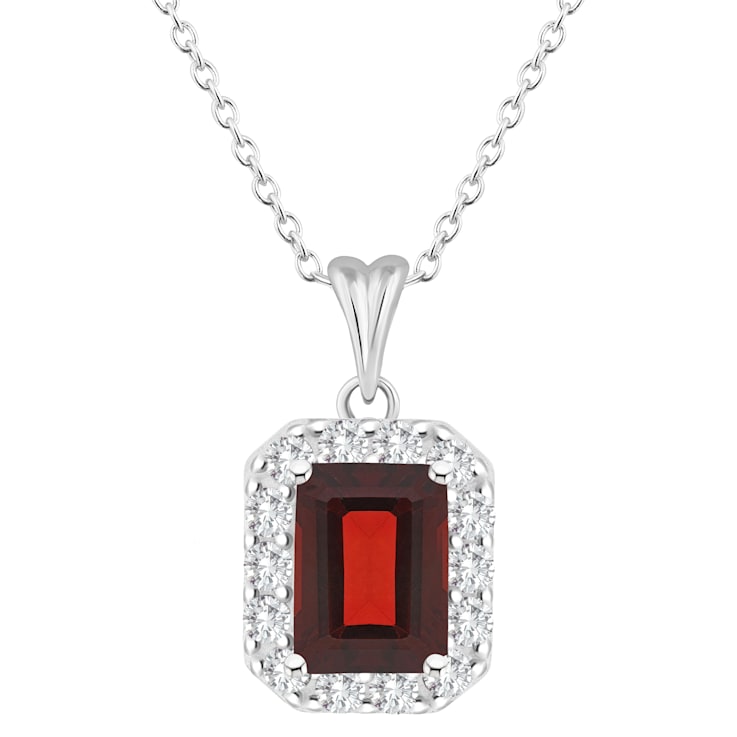 8x6mm Emerald Cut Garnet and White Topaz Accent Rhodium Over Sterling
Silver Halo Pendant w/Chain