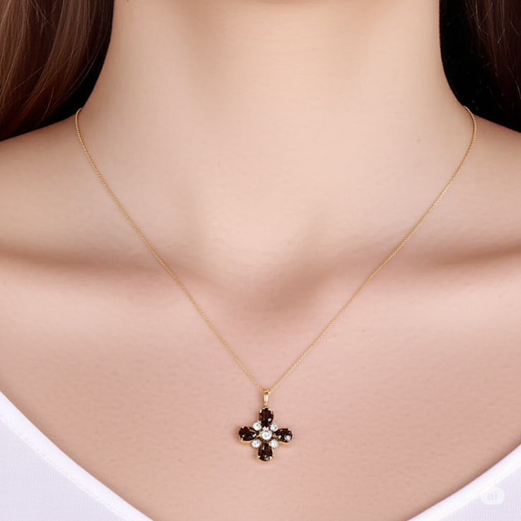 Smoky Quartz and White Topaz 14K Yellow Gold Over Sterling Silver Four
Clover Pendant with Chain