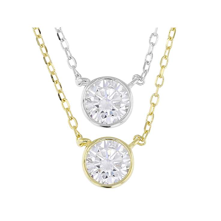 Solitaire Pendant Necklace With CZ Set Of Two In 14K Gold Over Sterling Silver