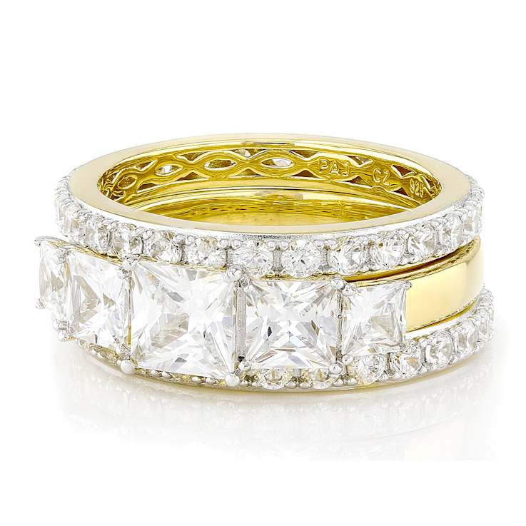 CZ Princess Cut and Eternity Band Ring Set in Gold Over Sterling Silver