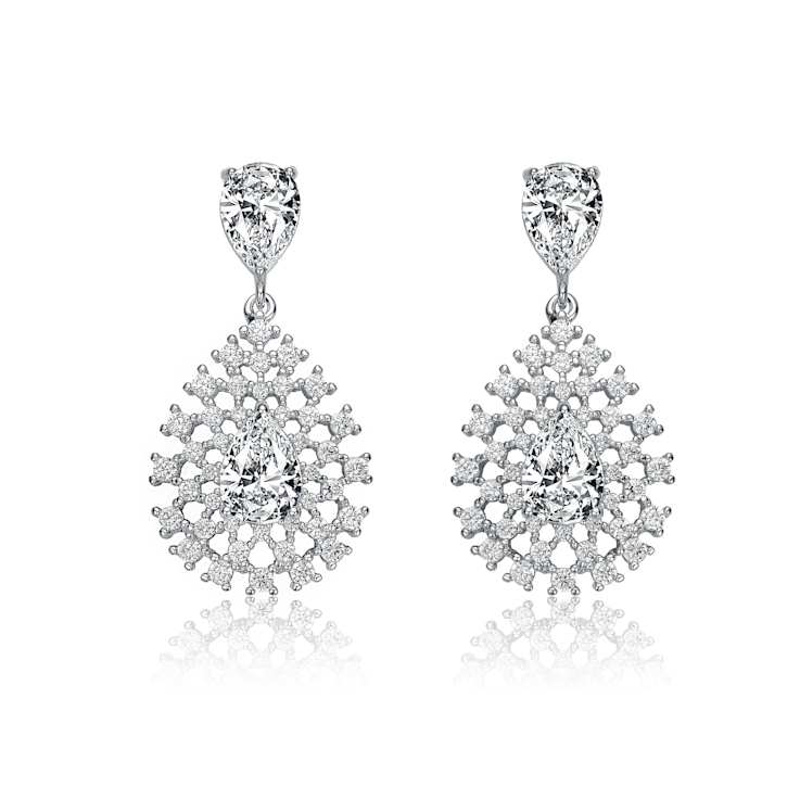 Pear Shape CZ Lace Cluster Drop Earrings In Sterling Silver