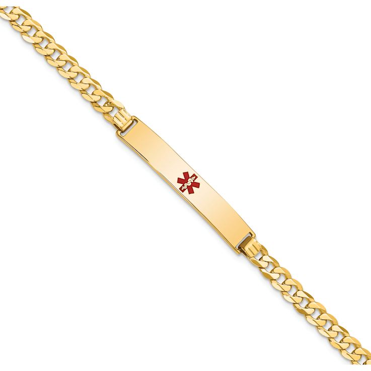 14k Yellow Gold Medical Red Enamel Flat Curb Link ID Bracelet
