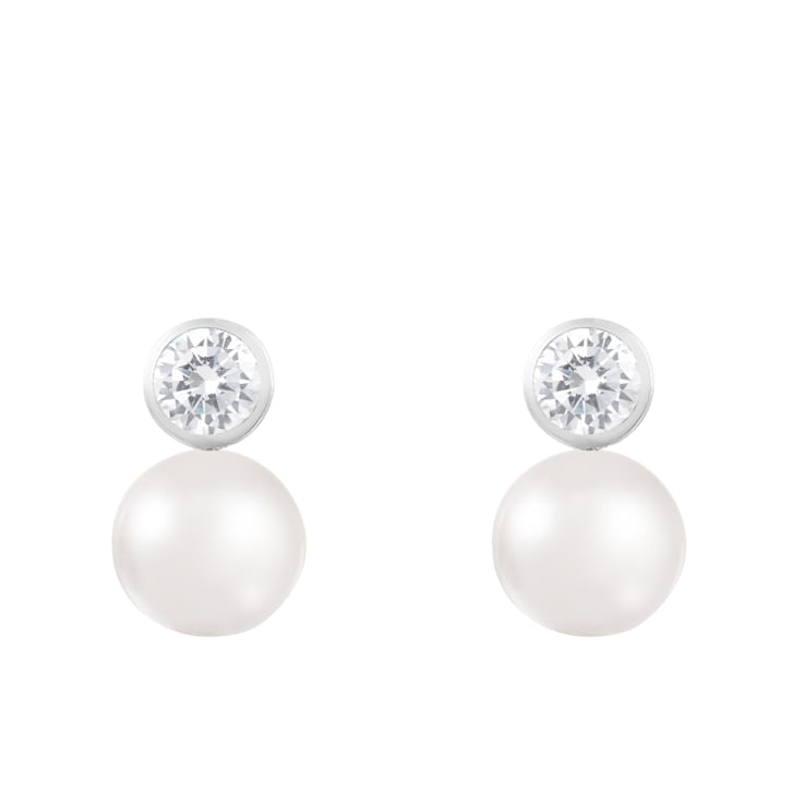 7.5-8mm White Cultured Freshwater Pearl Rhodium Over Sterling Silver Earrings