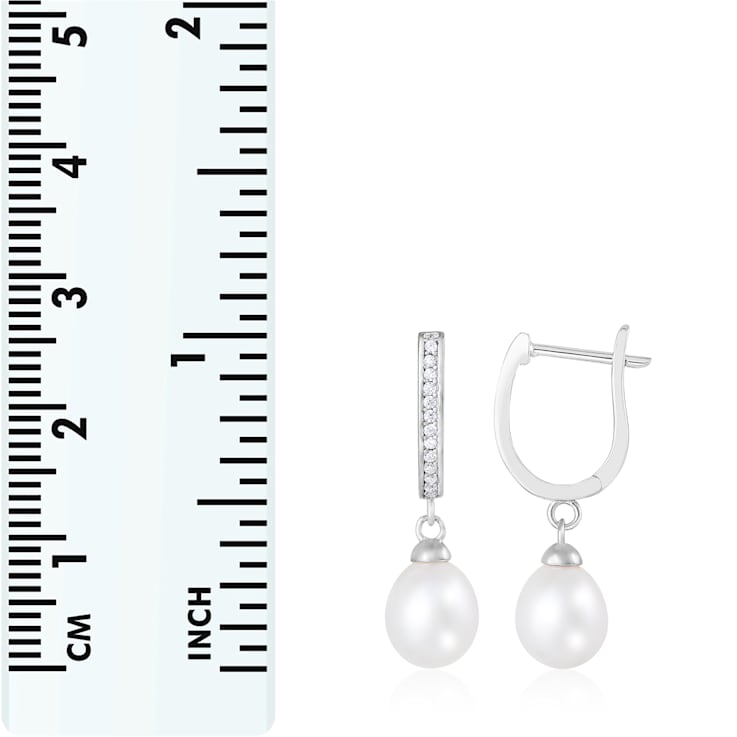 7-8mm White Cultured Freshwater Pearl and Cubic Zirconia Rhodium Over
Sterling Silver Earrings