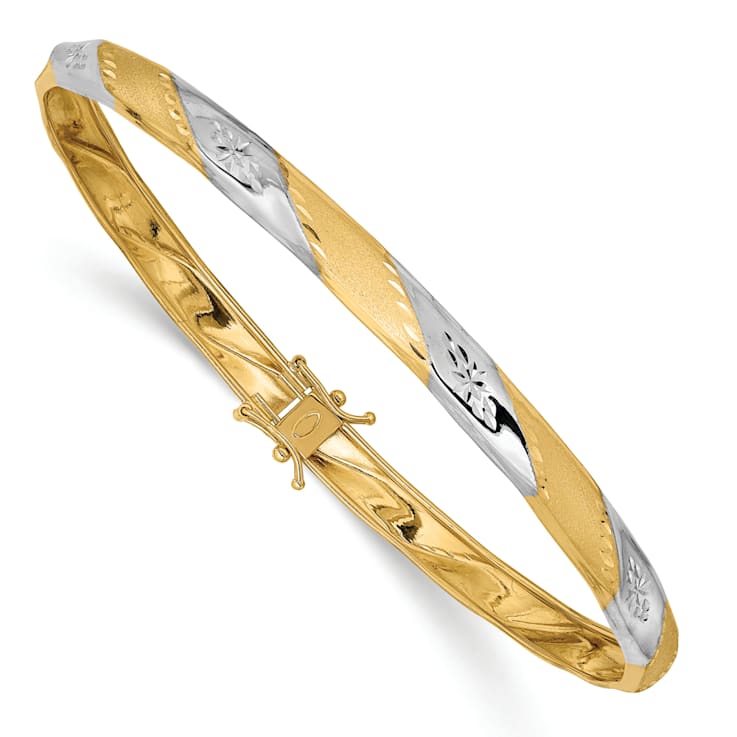 14K Two-tone Yellow and White Gold Polished Satin Diamond-cut Flexible Bangle