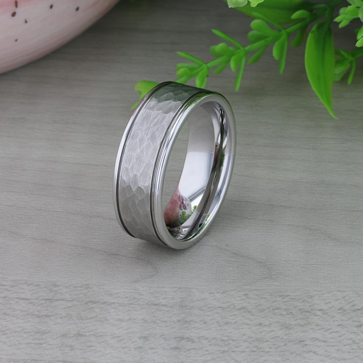 THORNTON Hammered Finish White Tungsten Carbide Wedding Band with Offset
Grooves/Polished Edges 8mm