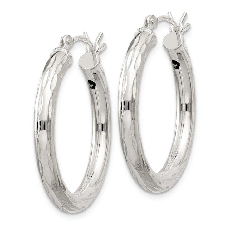 Sterling Silver Diamond-cut Satin 3x25mm Hoop Earrings