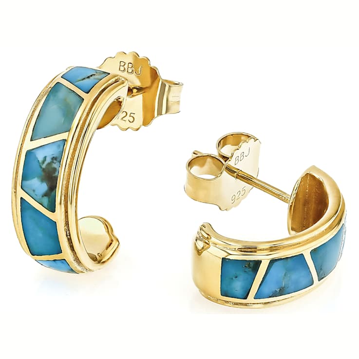 Turquoise Inlay J-Hoop Earrings In 18K Gold Over Sterling Silver