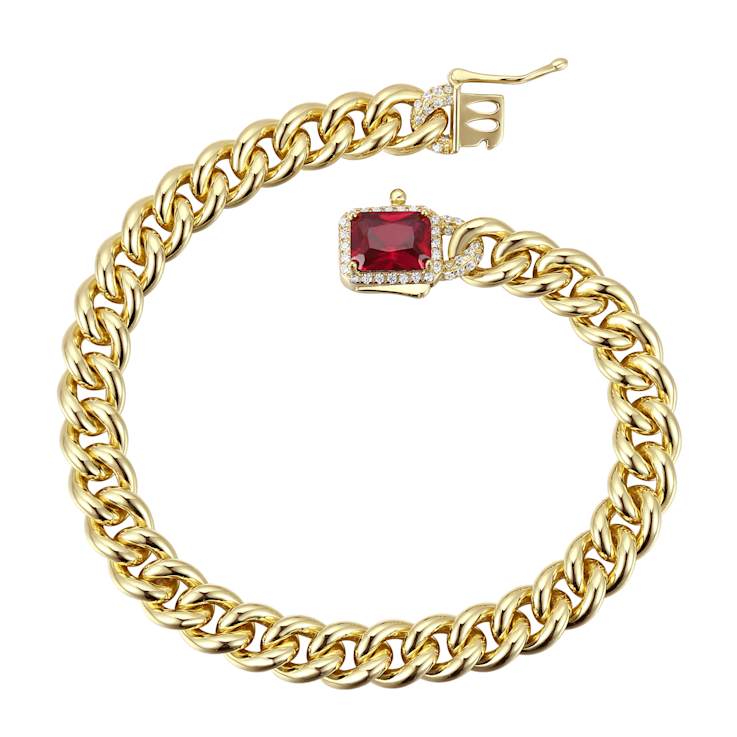 Ruby Color CZ Halo Cluster Curb Chain Bracelet In 14K Gold Over Brass