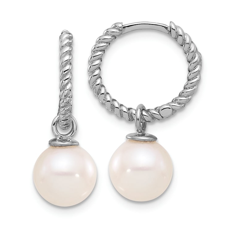 Rhodium Over 14K White Gold 7-8mm Black and White Freshwater Cultured
Pearl Dangle Hoop Earrings