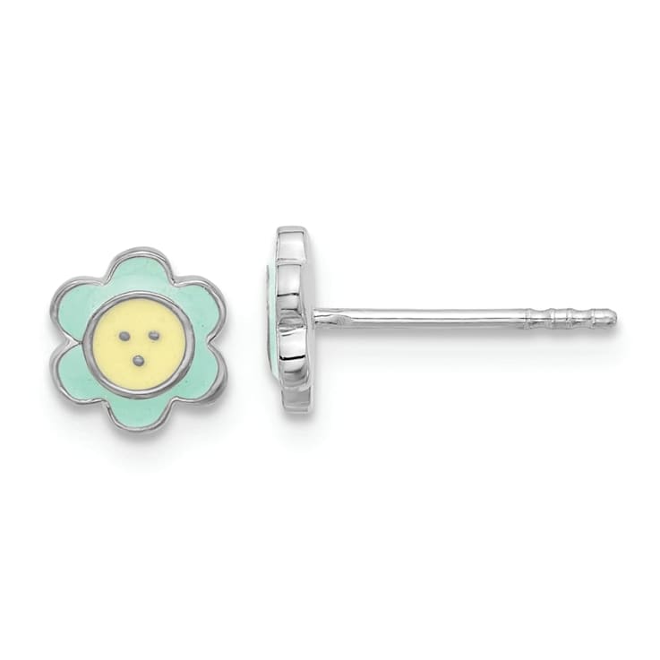 Rhodium Over Sterling Silver Enamel Flower Children's Post Earrings