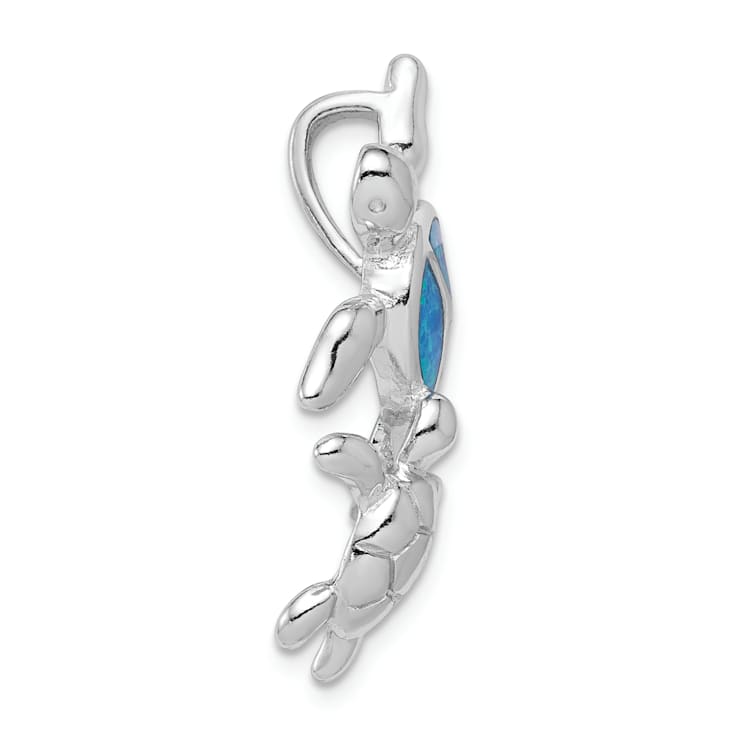 Rhodium Over Sterling Silver Blue Inlay Lab Created Opal Turtle Slide Pendant