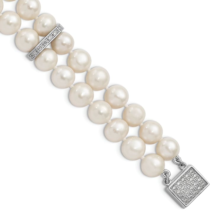Rhodium Over Sterling Silver 7-8mm White Freshwater Cultured Pearl
2-Strand CZ Fancy Bracelet