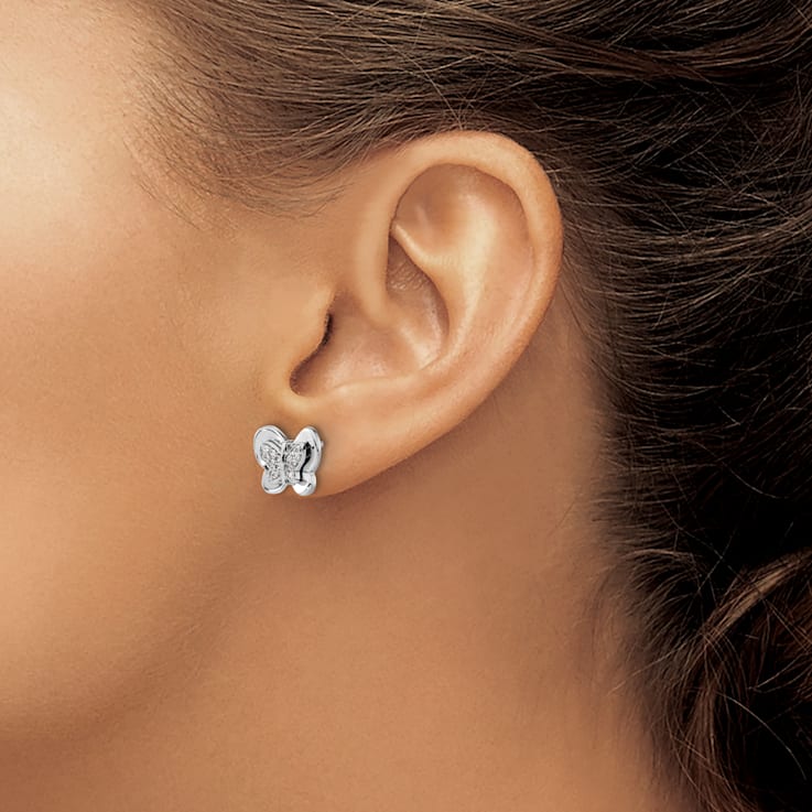 Rhodium Over 14k White Gold Diamond Butterfly Stud Earrings