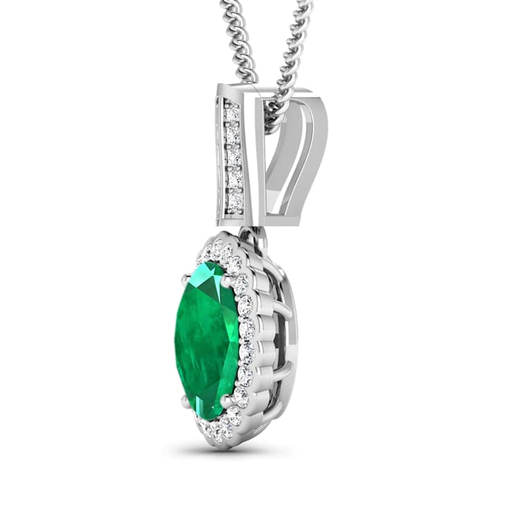 1.65ctw 14K White Gold Zambian Emerald and White Diamond Pendant with 18
inch Cable Chain