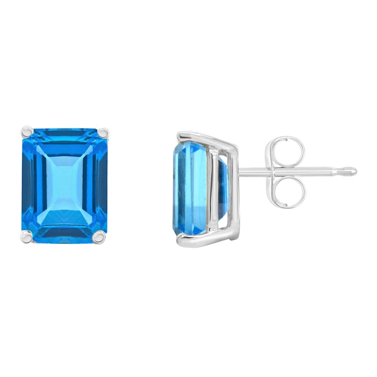 8x6mm Emerald Cut Blue Topaz 14k White Gold Stud Earrings