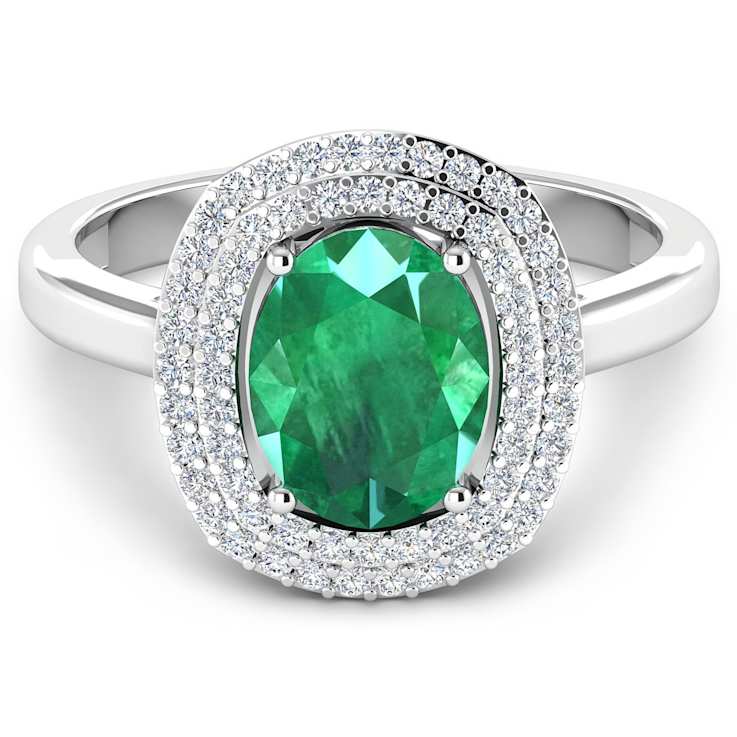 1.81ctw Green Emerald and Diamond 14K White Gold Halo Ring