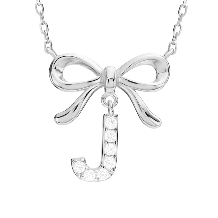 Initial J Bow CZ Necklace In Sterling Silver 0.23ctw
