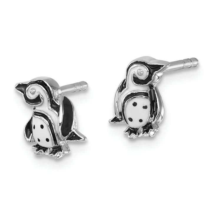 Rhodium Over Sterling Silver Polished Enamel Penguin Post Earrings