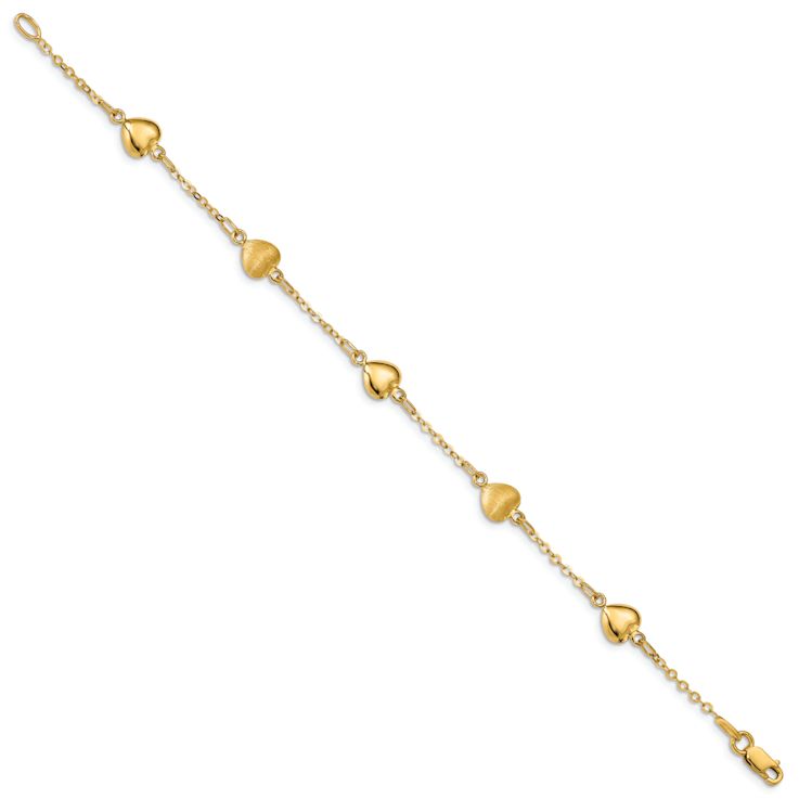 14k Yellow Gold Brushed and Polished Hearts Station Bracelet