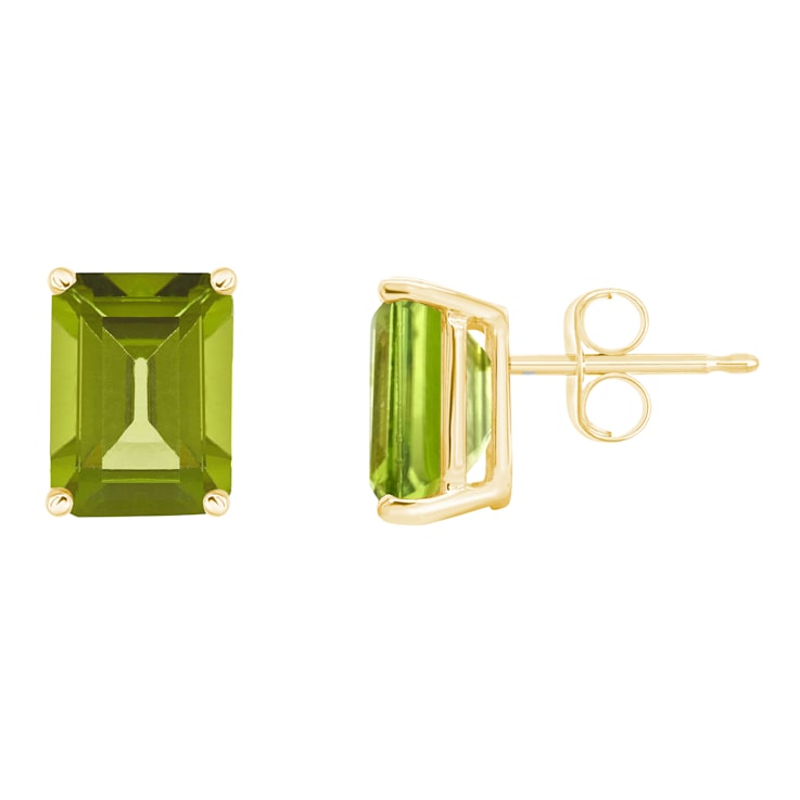 8x6mm Emerald Cut Peridot 14k Yellow Gold Stud Earrings