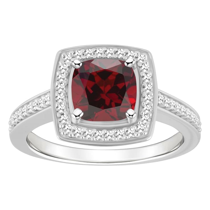 7mm Cushion Garnet 1/4 ctw Diamond Rhodium Over Sterling Silver Halo Ring