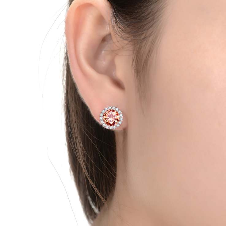 Coffee Color CZ Halo Stud Earrings In 18K Rose Gold Over Sterling Silver