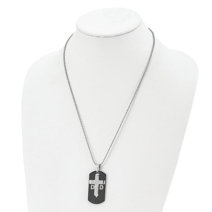 White Cubic Zirconia Stainless Steel Black IP-plated Men's Dog Tag Cross
Pendant With Chain