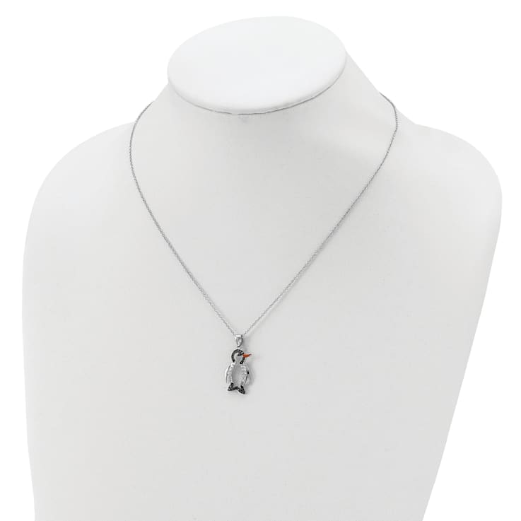 Rhodium Over Sterling Silver Enamel and Cubic Zirconia Penguin Necklace