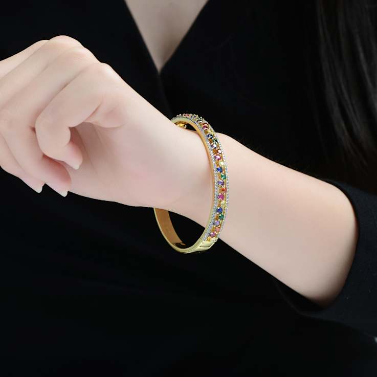 Multi-Color CZ Bangle Bracelet In 14K Gold Over Brass
