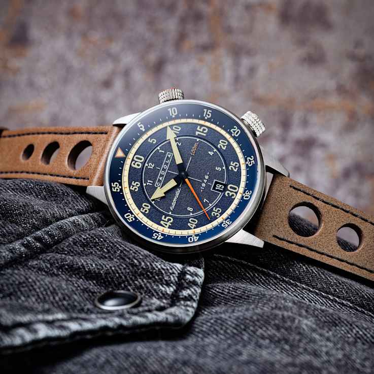 Cadola Rally Timer Blue Dial White Bezel Tan Stainless Steel Band
Automatic Watch