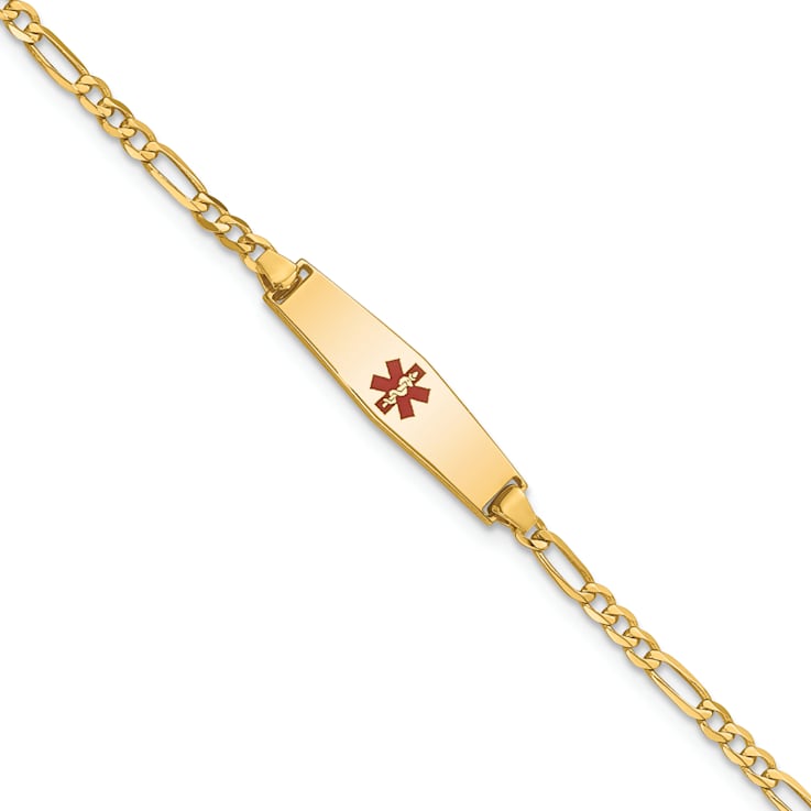 14k Yellow Gold Medical Soft Diamond Shape Red Enamel Figaro Link ID Bracelet