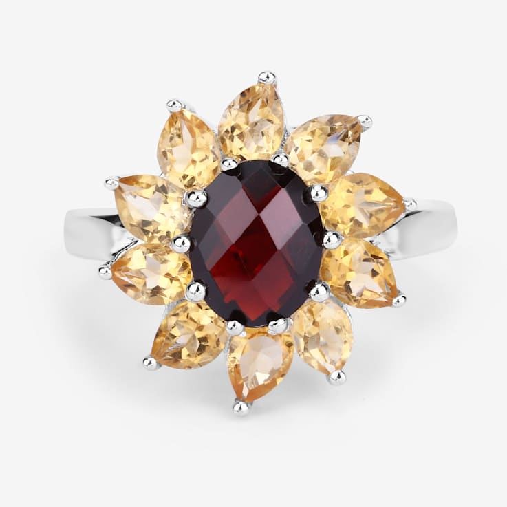 Red Garnet and Yellow Citrine Rhodium Over Sterling Silver Oval Floral
Cocktail Ring 5.5ctw