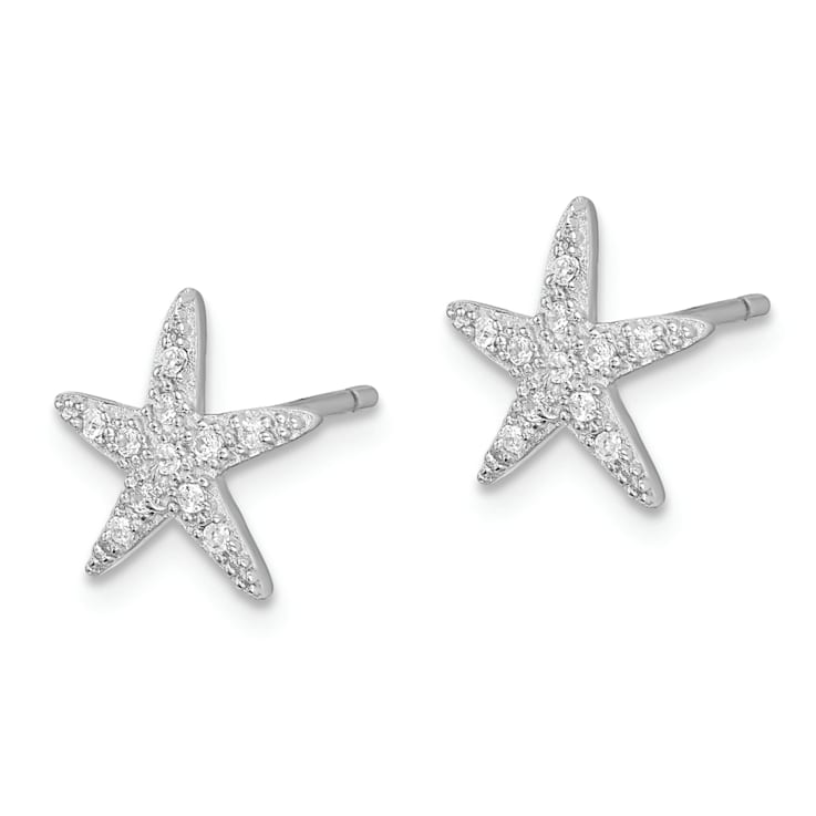 Rhodium Over Sterling Silver Cubic Zirconia Micro Pave Starfish Post Earrings