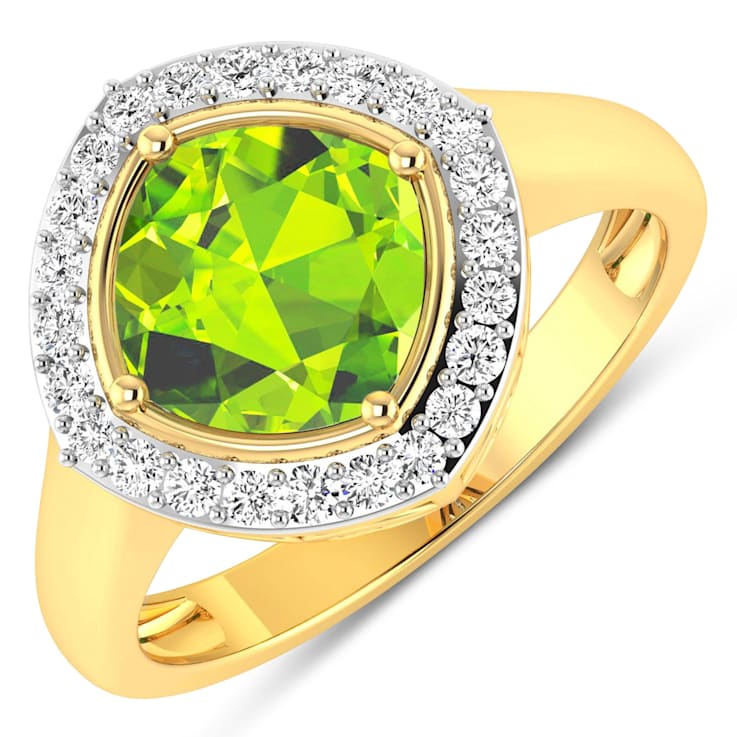 Cushion Cut Green Peridot and White Diamond 14K Yellow Gold Halo Ring
2.26 ctw